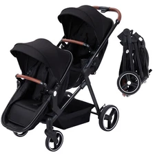 Black Foldable Double Stroller Track Tandem Stroller for Infants and Toddlers