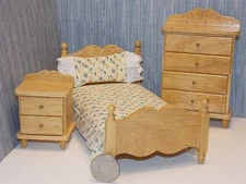 Dollhouse Miniature Oak Single Bed Night Stand & Chest 1:12 inch scale D174