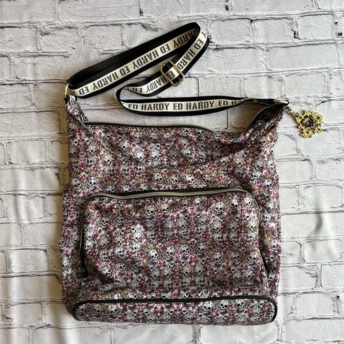 Vtg Y2K Ed Hardy Tote Bag Skull Print Love Kills Slowly Fair Cond. Crossbody