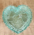 Vintage Fenton Glass Aqua Blue Green Hummingbird Heart Shaped Trinket Box w/ Lid