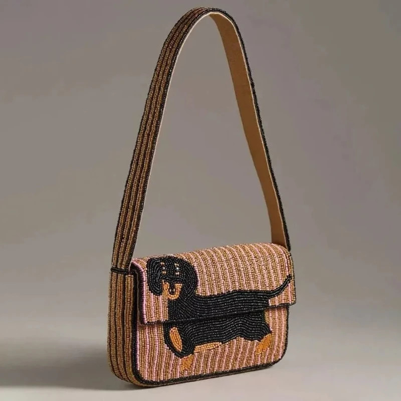 Handmade Beaded Dachshund Dog Shoulder Bag Women Cute Handbag Gift