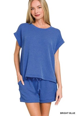 Zenana Bright Blue Raised Rib Cap Sleeve 2 Pc Top & Shorts Set
