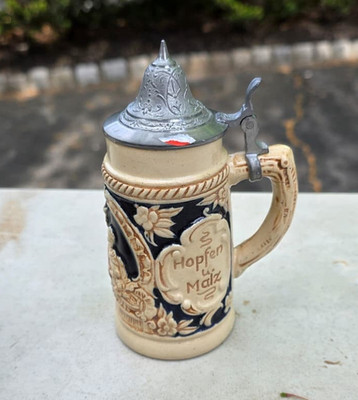 German Lidded Beer Stein Hopfen und Malz Gott erhalt's