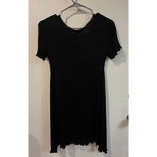 Rare- Vintage Black Ribbed Lettuce Edge Empire Waist Mini Dress Made in Europe