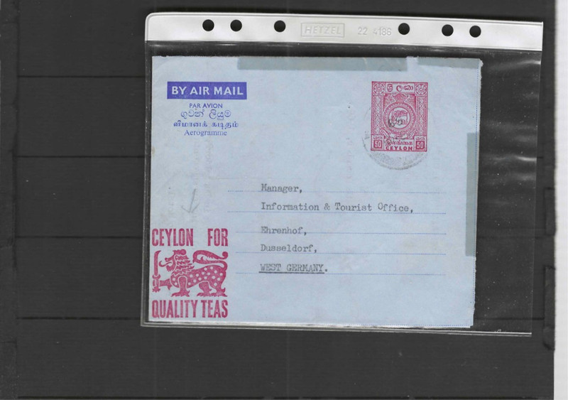 CEYLON AEROGRAMME 50 C RATE CEYLON TEA SPECIAL PRINT 1960 ISH F #661