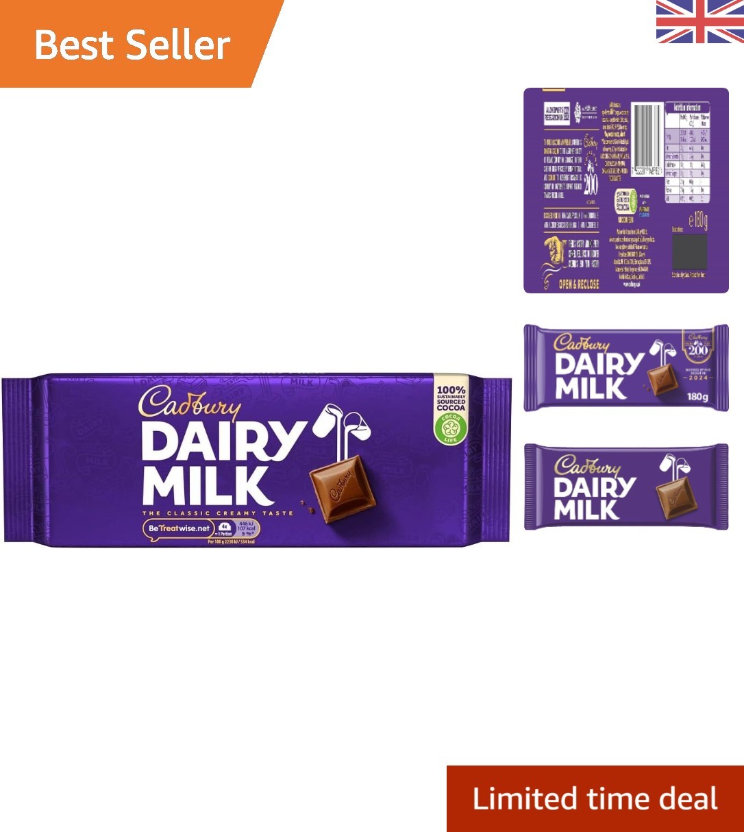 Cadbury Dairy Milk Chocolate Bar, Creamy and Smooth Milk Chocolate, 180 g (Pack