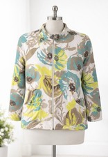 Susan Graver Weekend Jacket Floral Zip Front Cotton Stretch Teal Yellow White XL
