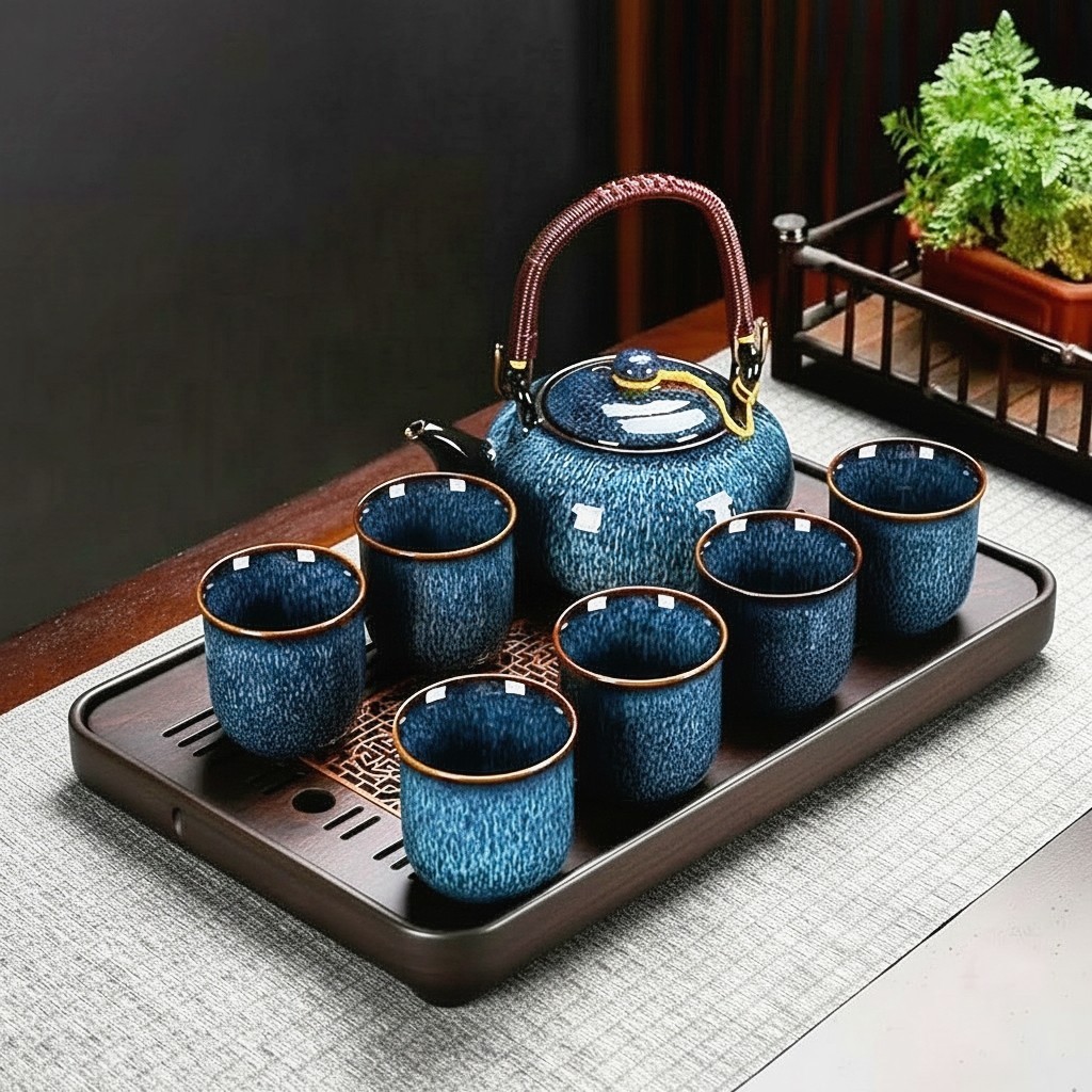 Juego de té japonés/chino - tetera, 6 tazas, bandeja de madera y caja de regalo