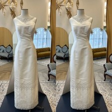 Victorian White Wedding Dresses Satin Elegant Sleeveless Sweep Train Bridal Gown