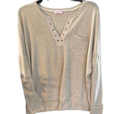 Pink Lily Womens Oatmeal Beige Henley Long Sleeve Pocket Top IL2867 Medium