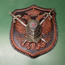 Vintage Armor And Swords Shield Coat Of Arms On Leather Scroll W/ Eagle - Spain