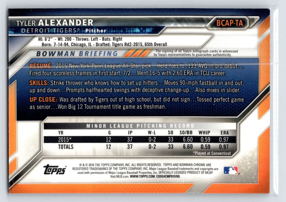 2016 Bowman Chrome - Prospects Autographs Tyler Alexander #BCAP-TA (AU, RC) - Image 2 of 2