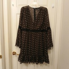Forever 21 Women's Floral Bell Sleeve Dress Size OX L Boho Ruffle Hem Sheer...