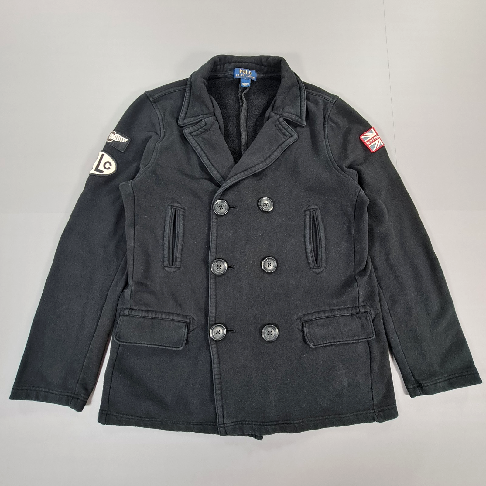 Ralph Lauren Mens Black XS Double Breasted Biker Coat with Motorcycle Patches  