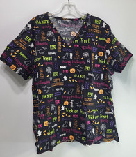 Halloween Sayings Nurse Medical Scrub Top Cats Ghosts Jack O Lanterns Sz L/XL 