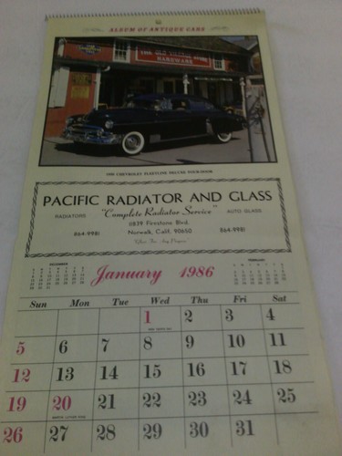 1986 "Album of Antique Cars" calendar Pacific Radiator and Glass Norwalk Ca