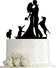 Kissing Bride and Groom with Cat and Dog Silhouette Wedding Acrylic Cake Topper