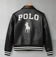 Men's Varsity Bomber Jacket: Black Genuine Cowhide Leather Crocodile | Polo RL