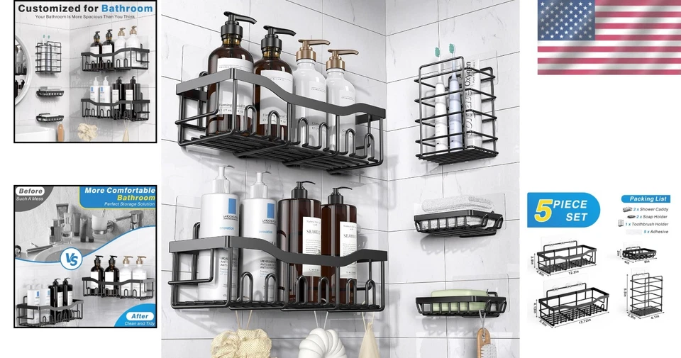 Elegante juego de carrito de ducha negro a prueba de óxido: 5 organizadores sin necesidad de perforación Foto 2 de 4