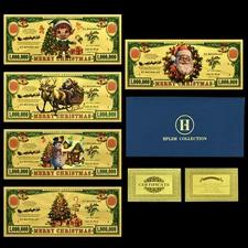 5pcs Merry Christmas Gold Foil Banknote Set Santa Claus Snowman Gift in Envelope