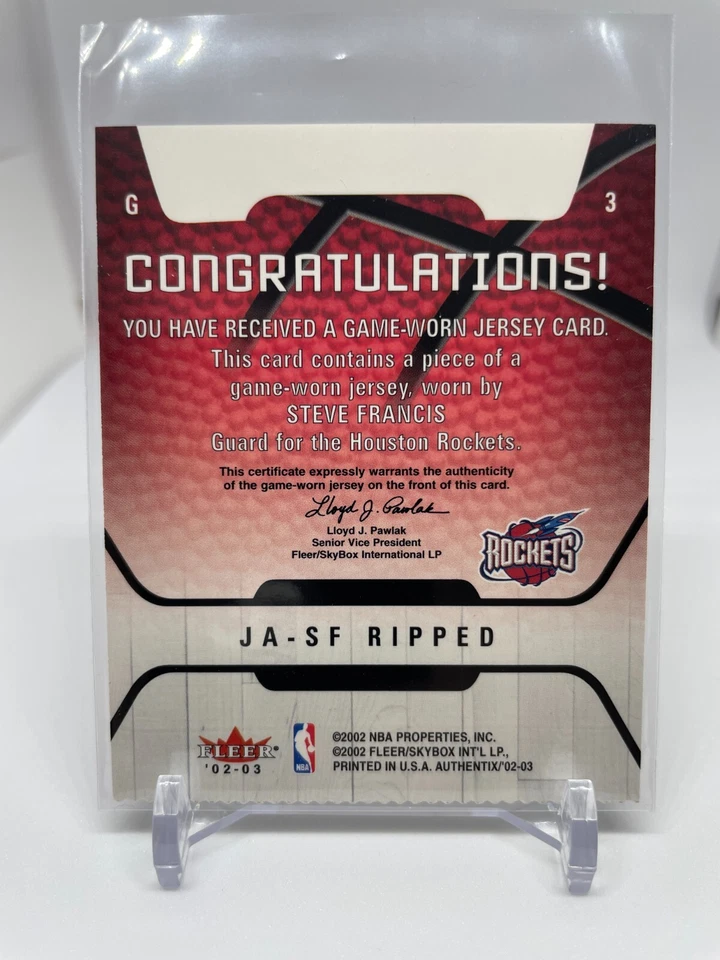2002-03 FLEER AUTHENTIX STEVE FRANCIS GAME WORN JERSEY RIPPED RED TICKET ROCKETS - Image 2 of 2