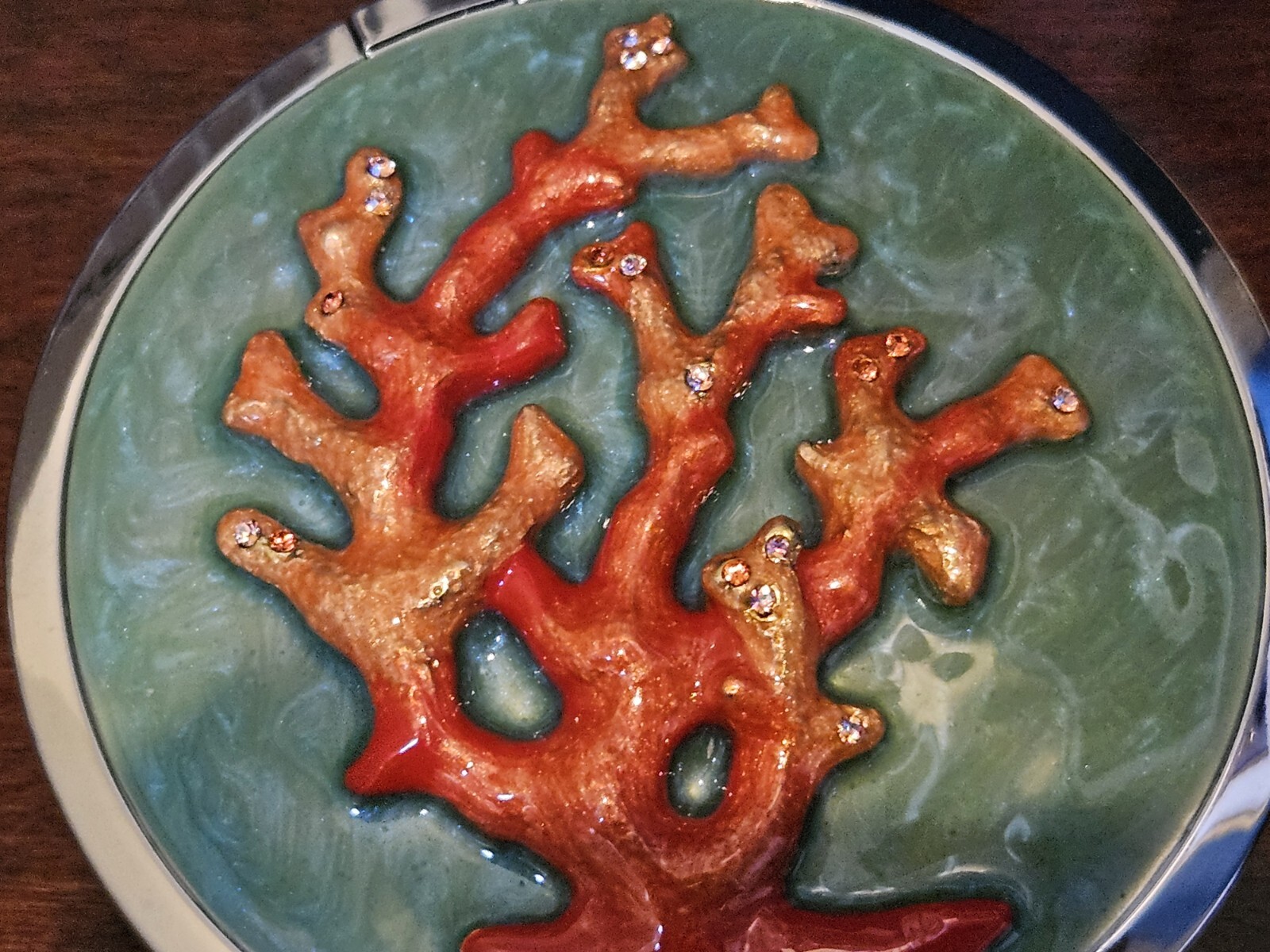 RARE LE JAY STRONGWATER CHANTECAILLE CORAL POWDER CRYSTAL ENAMEL COMPACT MIRROR