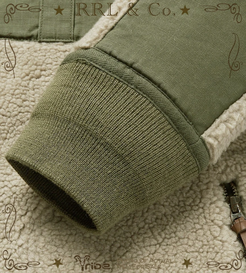 RRL Ralph Lauren Para Hombre Crema Sherpa Forro Chaqueta Cremallera Completa Vellón Ripstop Paneled Foto 3 de 4