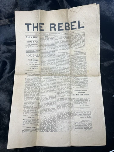 1862 AUGUST THE REBEL CHATTANOOGA TENNESSEE NEWSPAPER CIVIL WAR