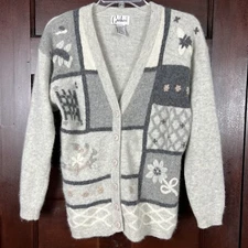 Vintage Carducci Cardigan Sweater Woman's Small Lambswool Angora Gray Floral