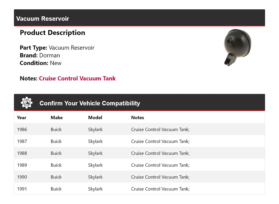 Reservatório de vácuo Buick Skylark Dorman 1986-1991 1987 1988 1989 1990 - Imagem 2 de 4