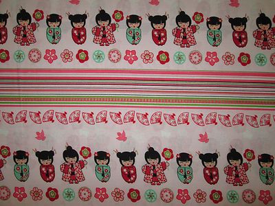 JAPANESE SAKURA DOLL DOLLS FLORAL FANS BORDER PINK WHITE COTTON FABRIC BTHY 