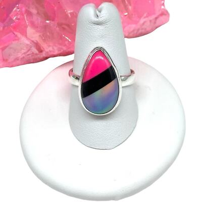 Aurora Aura Fire Opal Black Onyx Ring Size 8 Solid 925 Sterling Silver Hot Pink