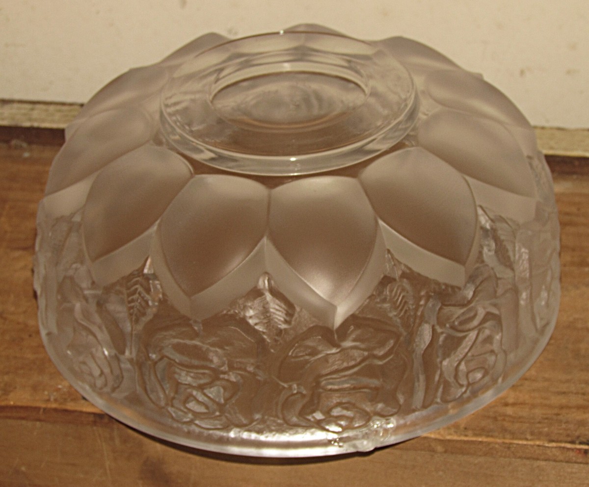 antique vintage Lalique crystal covered bowl w/ roses France