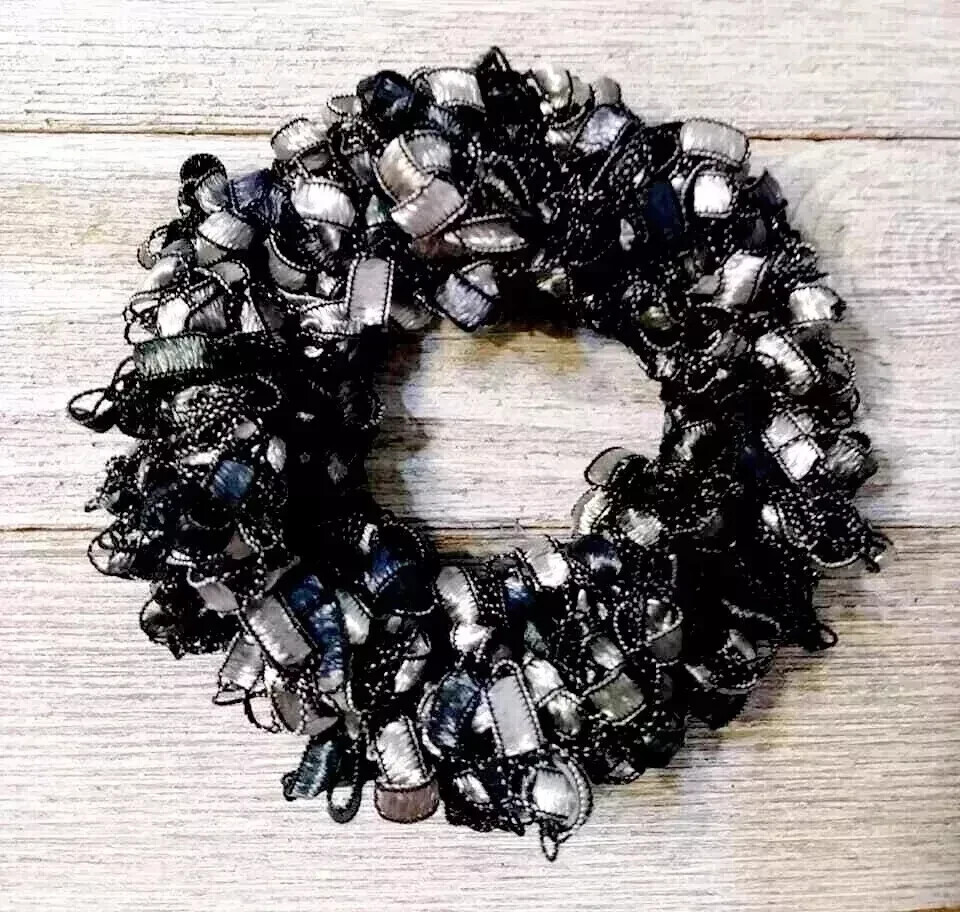 crochet handmade hair scrunchie pony tail holder ribbon silver gray black USA