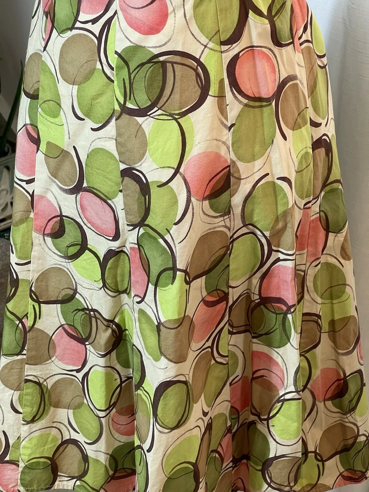 Falda de algodón Allison Taylor talla 8 look retro - verde rosa tostado marrón círculos línea A Foto 3 de 4