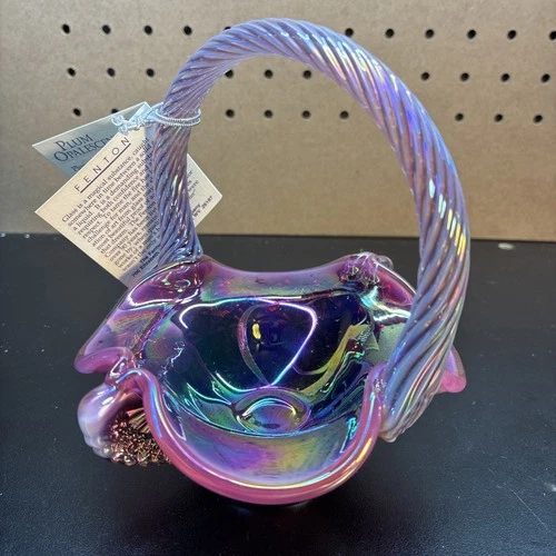 Fenton Glass Plum Opalescent Iridized Daisy & Bottom Applied Handle Basket