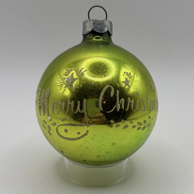 Vintage Chartreuse Merry Christmas Stencil Glass Christmas Ornament Made In USA 