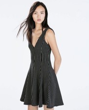 Zara Size XS Checkered Black and White A Line Flare Above the Knee V-Neck Dress
