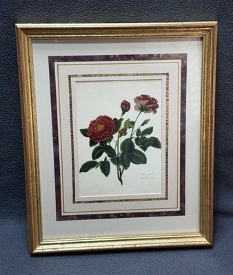 Vintage Ethan Allan Print Marbled Rose Floral Red Gold Frame Botanical 11 X 13