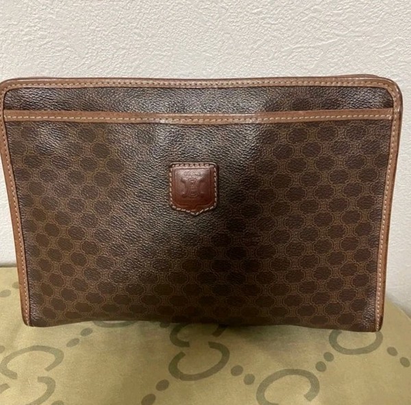 CELINE Macadam Monogram Clutch Bag with Zipper Accent Brown Designer Classic