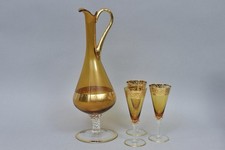 Vintage Amber Glass Decanter Pitcher & 3 Stem Glasses Gold Gilt Trim Barware Set