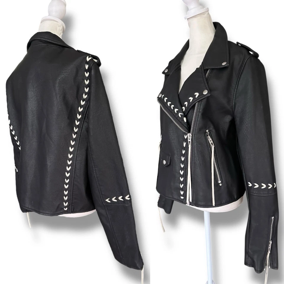Blanknyc Black + White Stitched Faux Leather Moto Jacket | Women’s Extra Large - Image 3 of 4