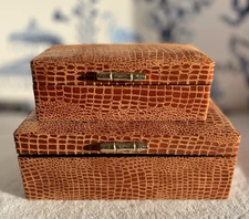 S/2 Vegan Crocodile Decorative Boxes Brown Umber Jewelry Storage Lined Home NICE
