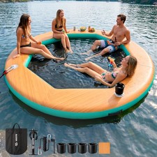 8FT Inflatable Water Hammock Floating Dock, Sunchill Float Ring with Wood Gra...