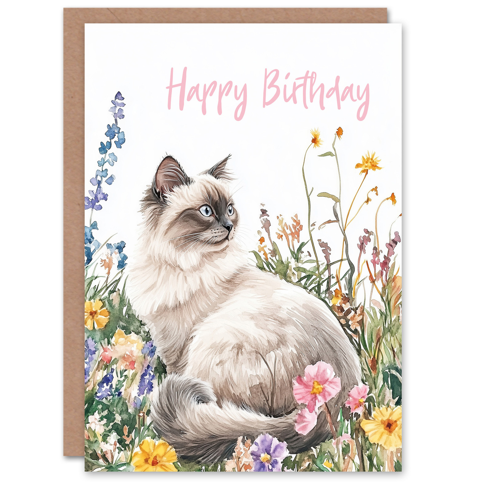 Birthday Greeting Card Ragdoll Cat Lover Pet and Wildflowers Watercolour