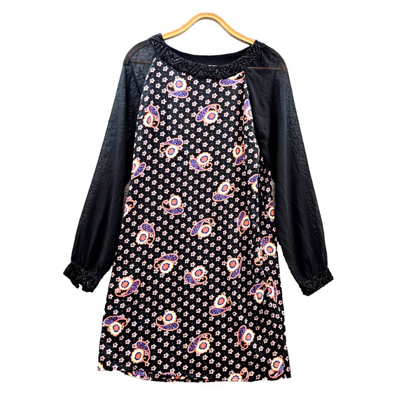 Uttam Boutique Dress Womens Shift Mini Size 10 Black Paisley Long Sleeve Beaded