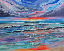 Sunset Beach Seascape. Original Painting On Canvas. Sparkling Water & Waves 20"