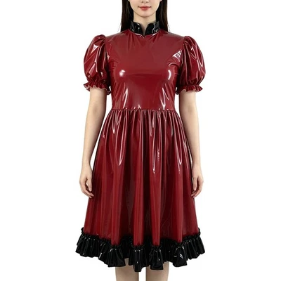 Puff Sleeves Gothic PVC Dress High Waist Ruffled Hem Vintage Knee-length Dress - Image 1 of 3