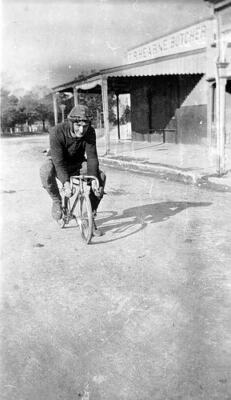 Bairnsdale Victoria 1930 A man riding a mini bicycle He is wearing Old Photo