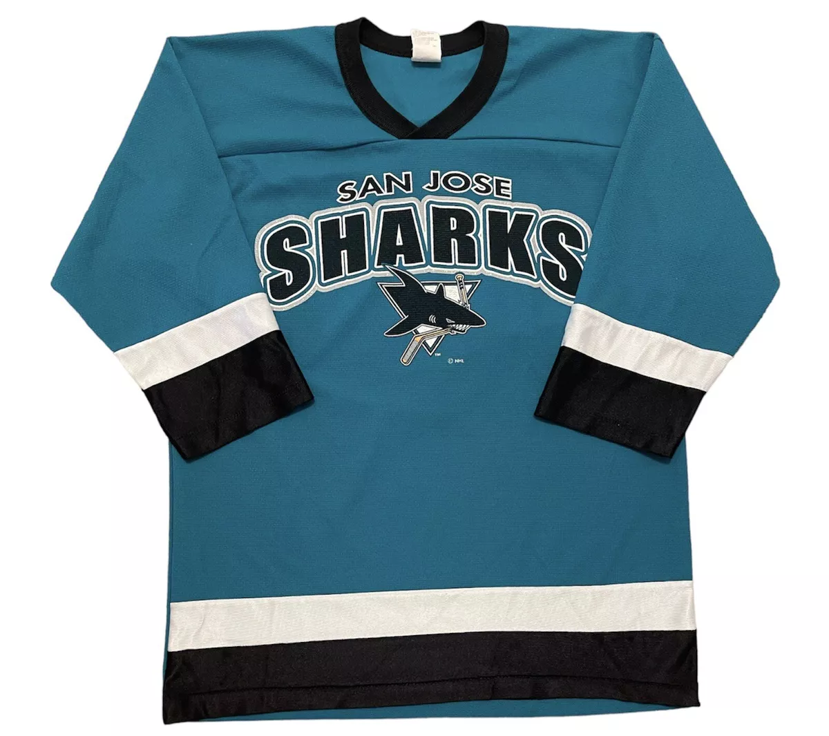 VINTAGE SAN JOSE SHARKS YOUTH 3 4 SLEEVE JERSEY SHIRT RARE XL GTS BRAND